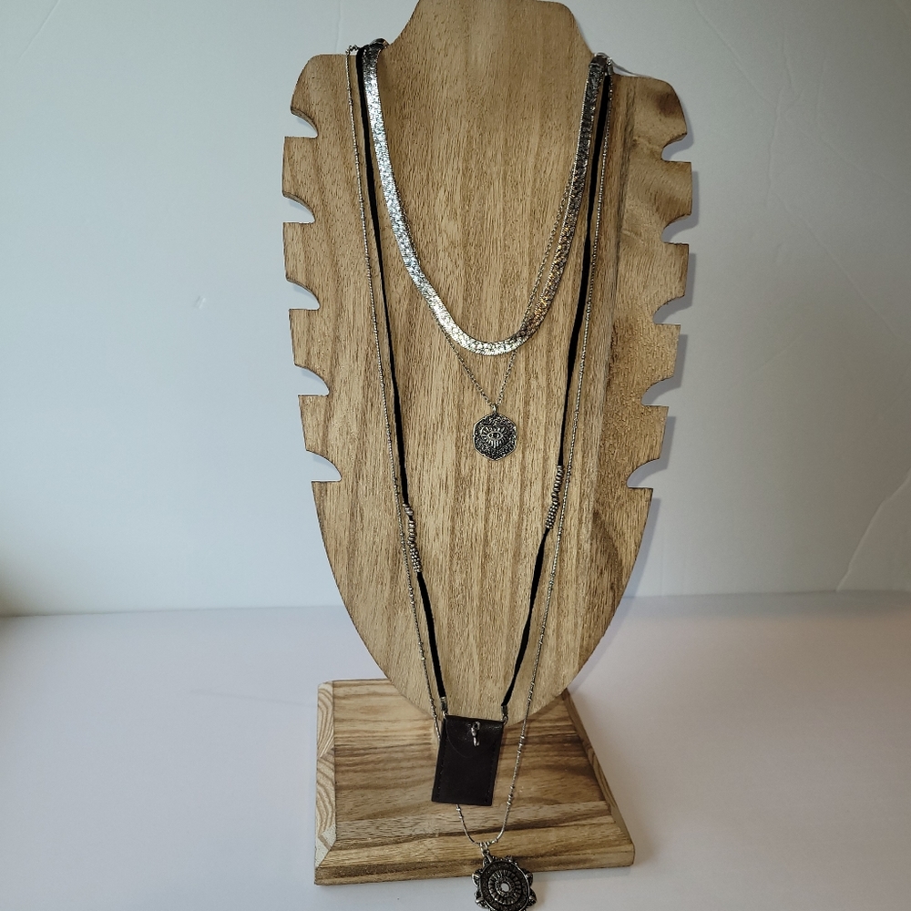 NWT Free People Silver Layered Bohemian Necklace with small Leather Bag Pendant